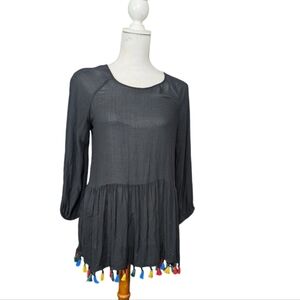 Peleione Tunic Top Black With Multi Color Fringe Size XS